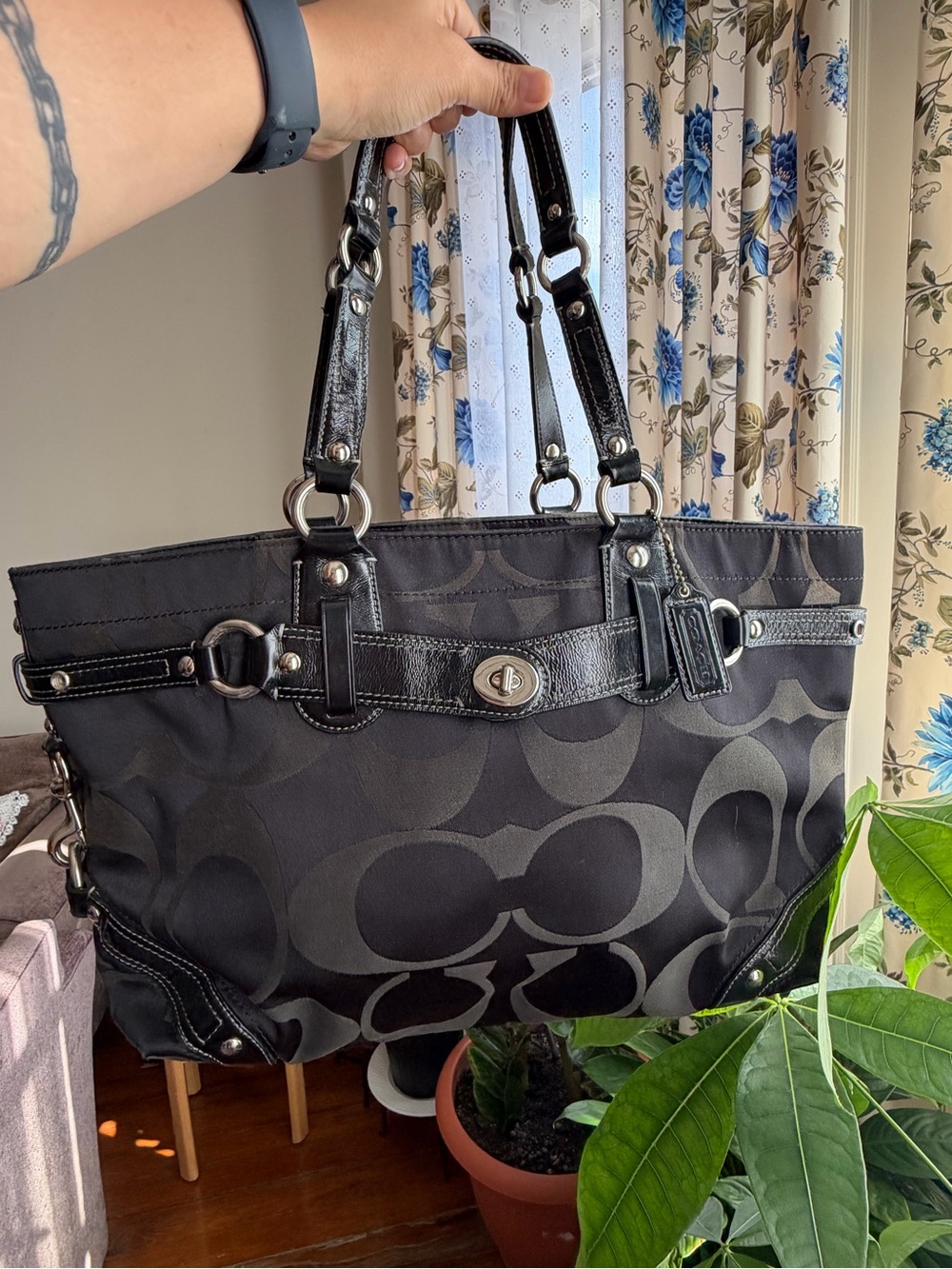 Coach Black Signature Large Tote with Turnlock Accent